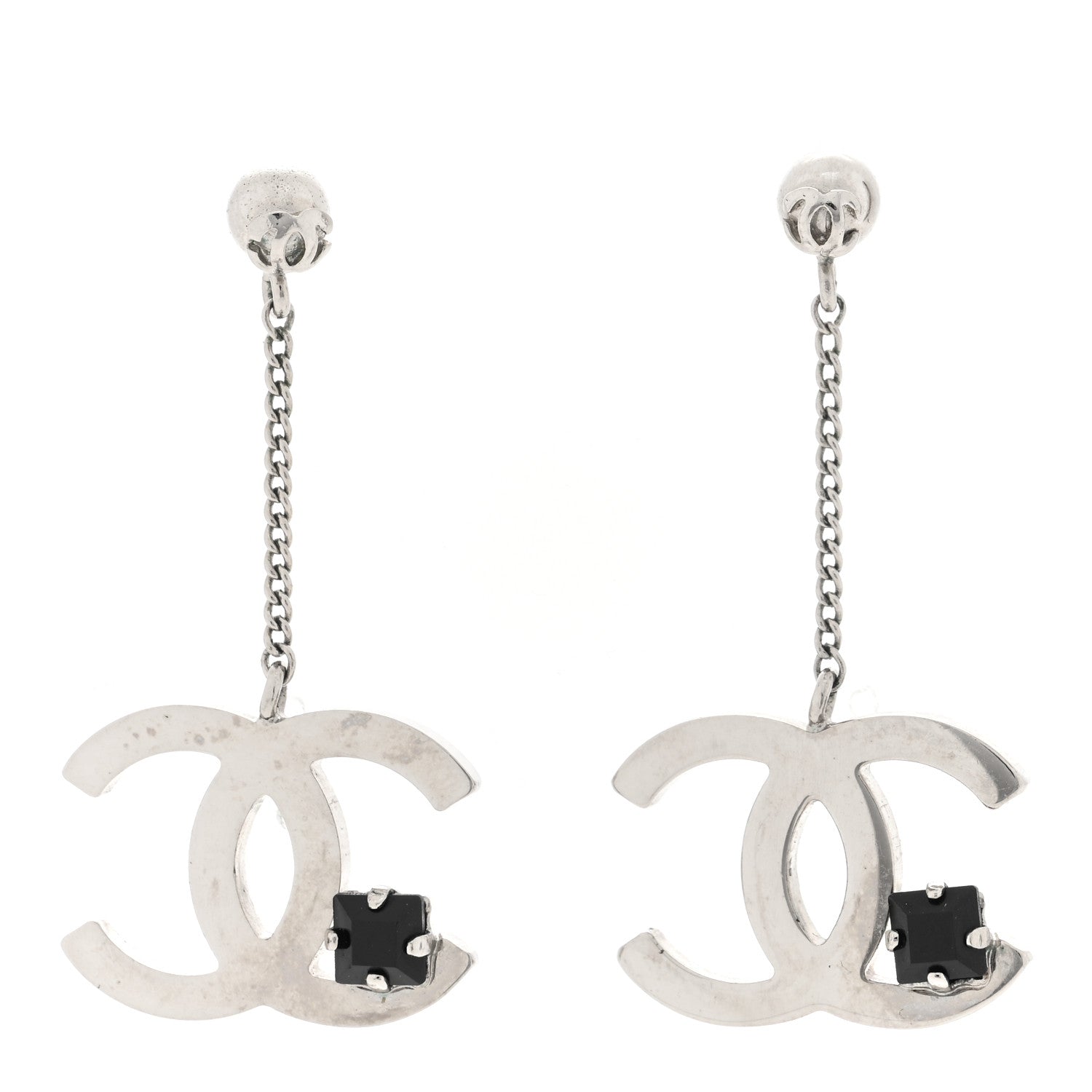 Chanel Crystal CC Dangle Earrings Silver Black 1 of 4