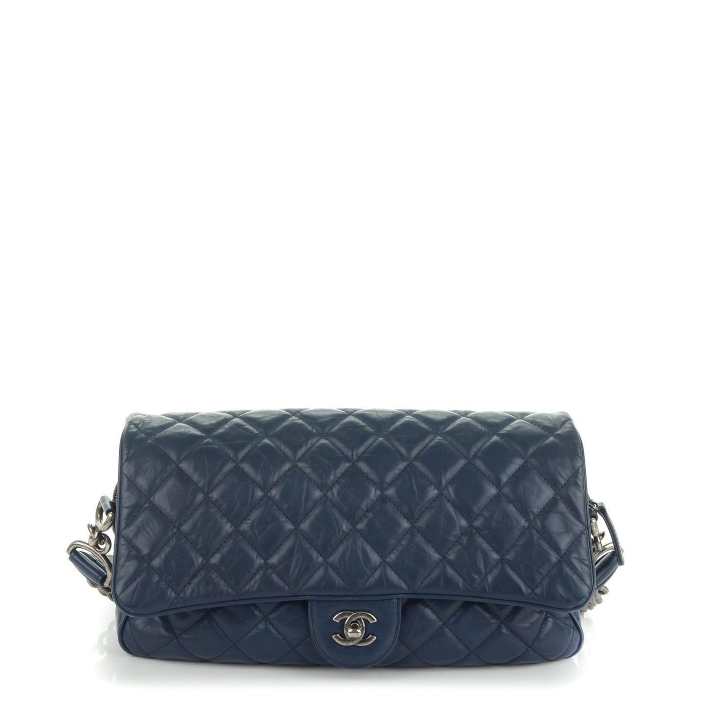 Crumpled Calfskin Quilted Medium Casual Rock Flap Navy