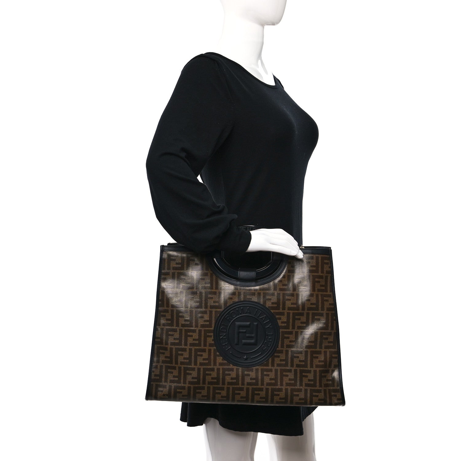 Fendi Glazed Fabric Vitello Century Plexiglass FF 1974 Stamp Patch Medium Runaway Shopper Tote Mogano Panna Black 2 of 9