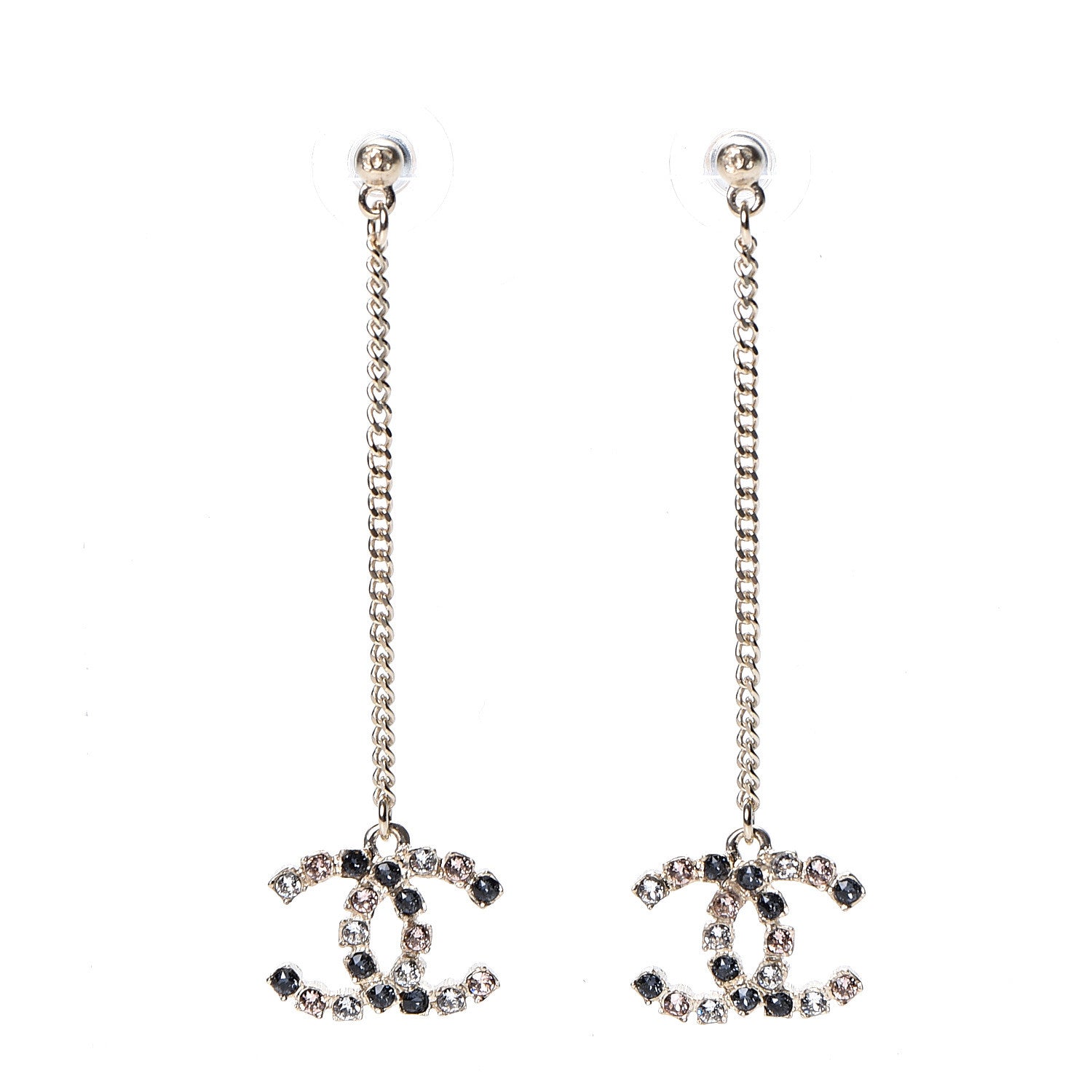 Chanel Crystal CC Drop Earrings Pink Grey Gold 1 of 4