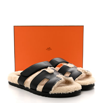Hermes Calfskin Woolskin Mens Chypre Sandals 42 Black Ecru 9 of 9