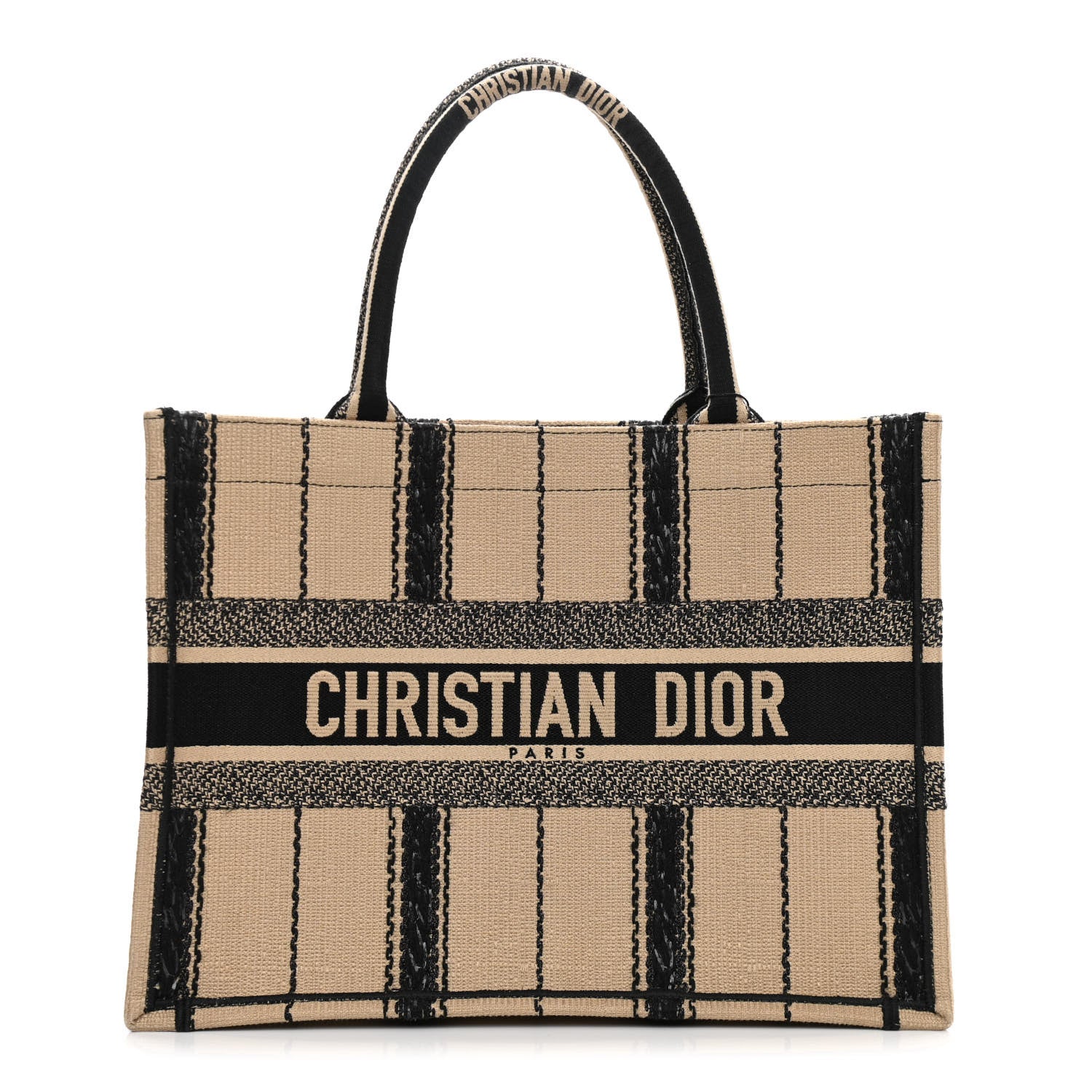 Christian Dior Canvas Embroidered Medium Bayadere Book Tote Black Beige 1 of 14