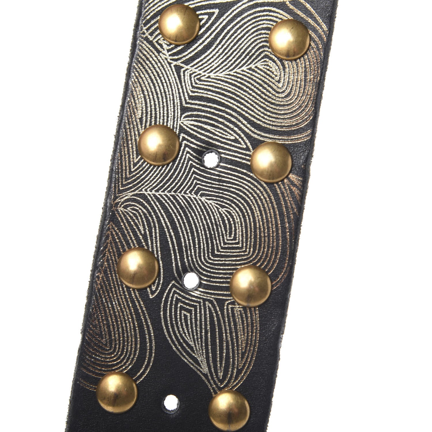 Gucci Calfskin Leaf Print Studded Double G 40mm Belt 95 38 Black Gold 4 of 5