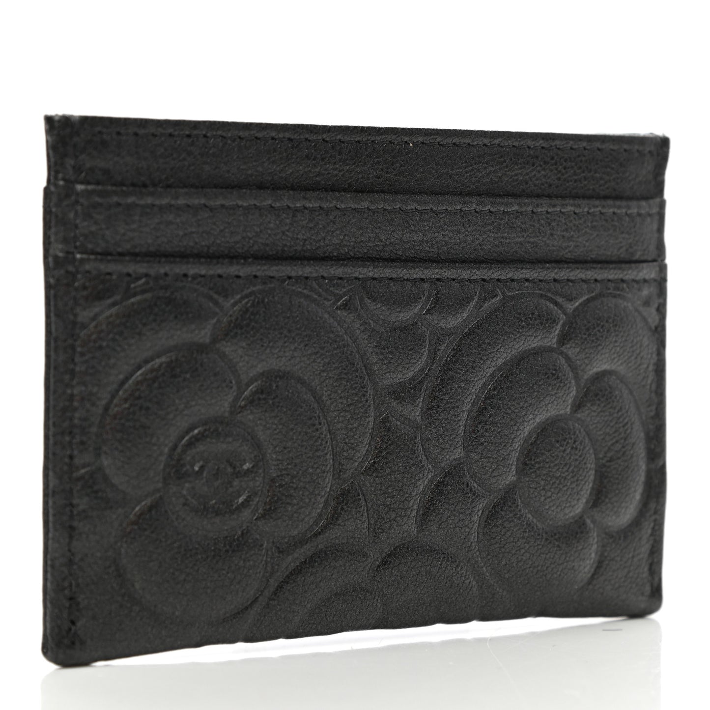 Goatskin Camellia Embossed Card Holder Black