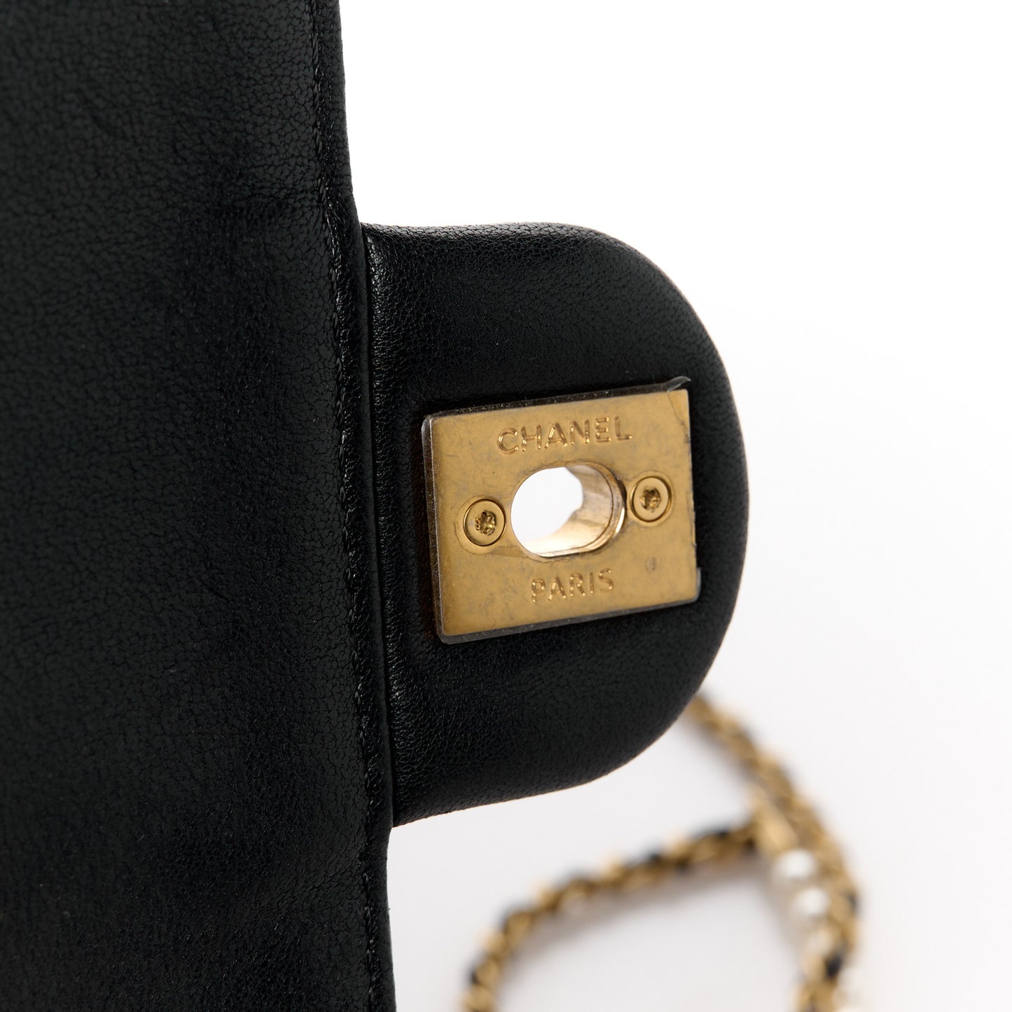 Lambskin Quilted Large Pearl Chain Flap Bag Black