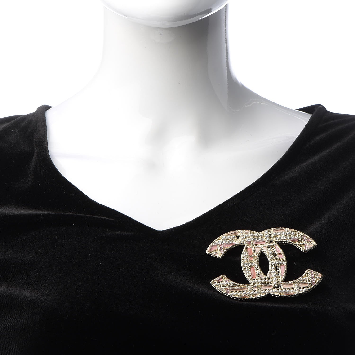 Chanel Crystal Pearl CC Tweed Brooch Gold Pink 2 of 5
