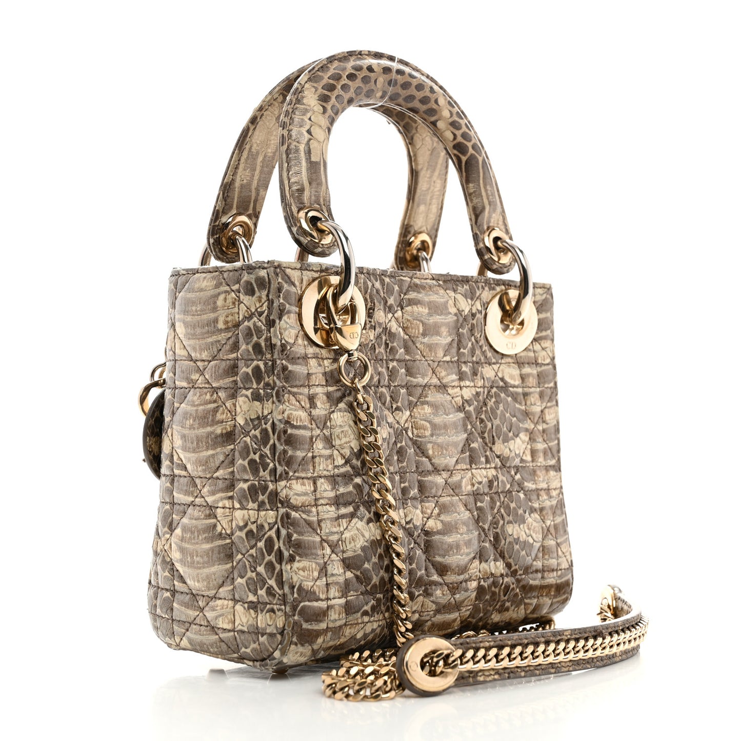 Metallic Snakeskin Cannage Mini Lady Dior Beige