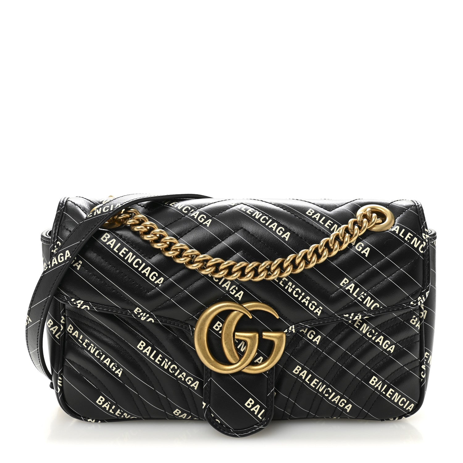 Gucci X BALENCIAGA Calfskin Matelasse Logo Print Small GG Marmont Shoulder Bag Black 1 of 10
