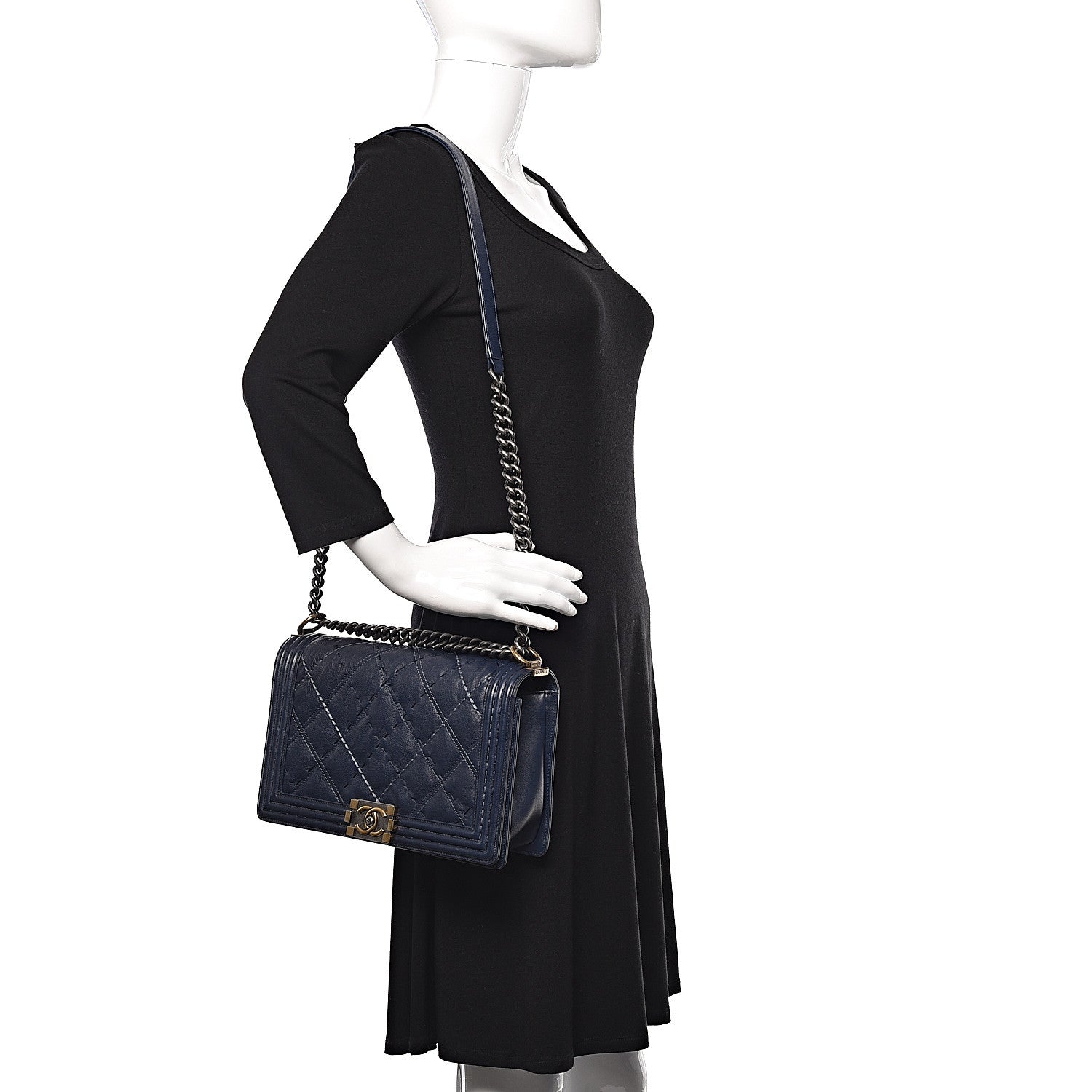 Chanel Calfskin Stitched New Medium Boy Flap Navy 2 of 13