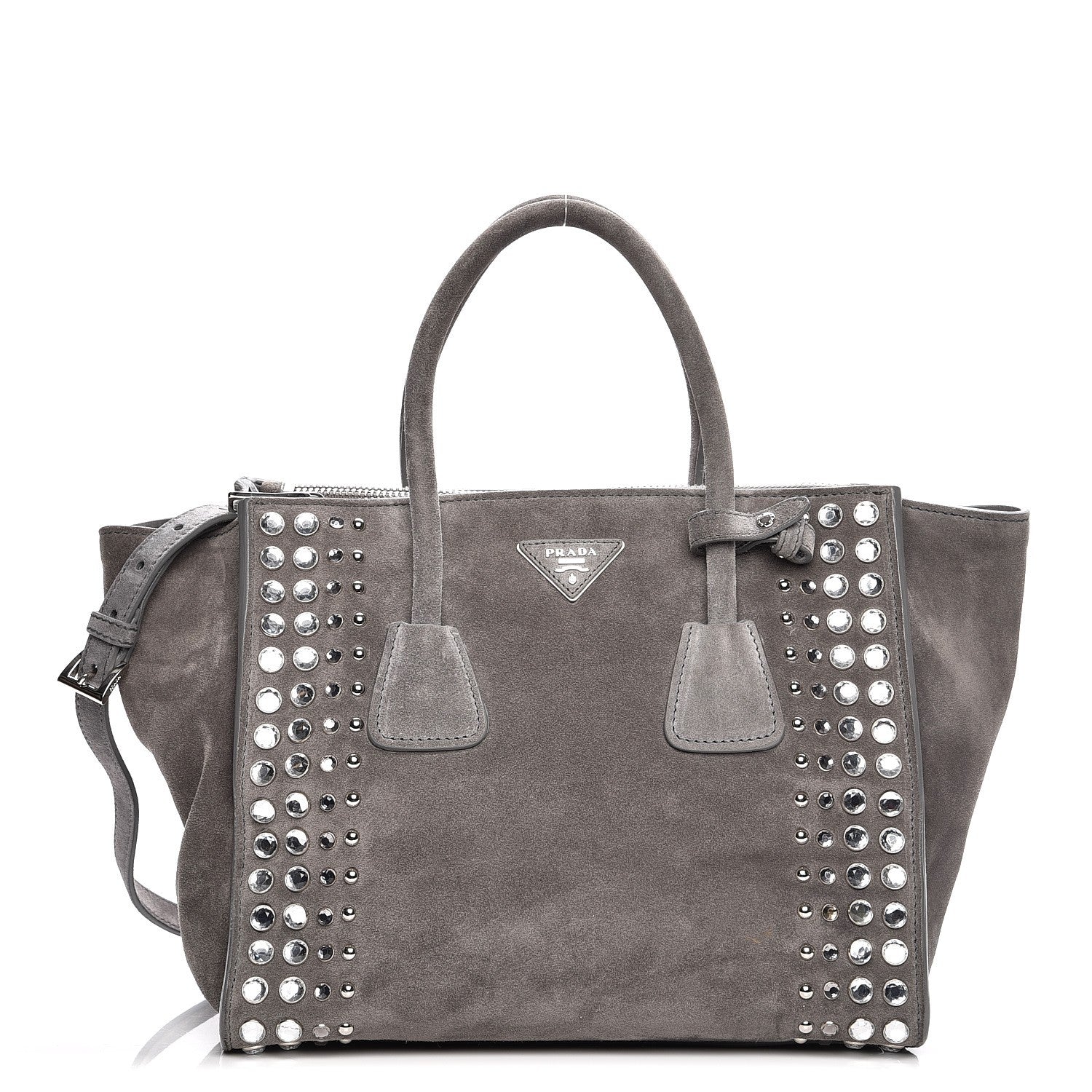Prada Scamosciato Suede Studded Crystal Twin Pocket Tote Marmo 1 of 16