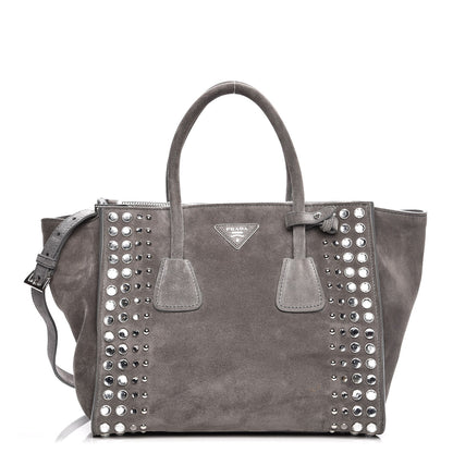 Prada Scamosciato Suede Studded Crystal Twin Pocket Tote Marmo 1 of 16