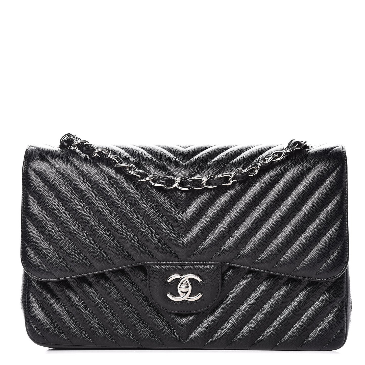 Caviar Chevron Quilted Jumbo Double Flap Black