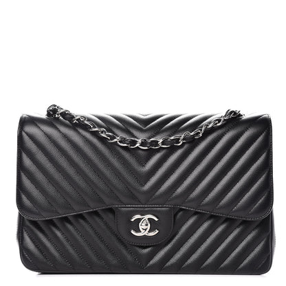 Chanel Caviar Chevron Quilted Jumbo Double Flap Black 1 of 10