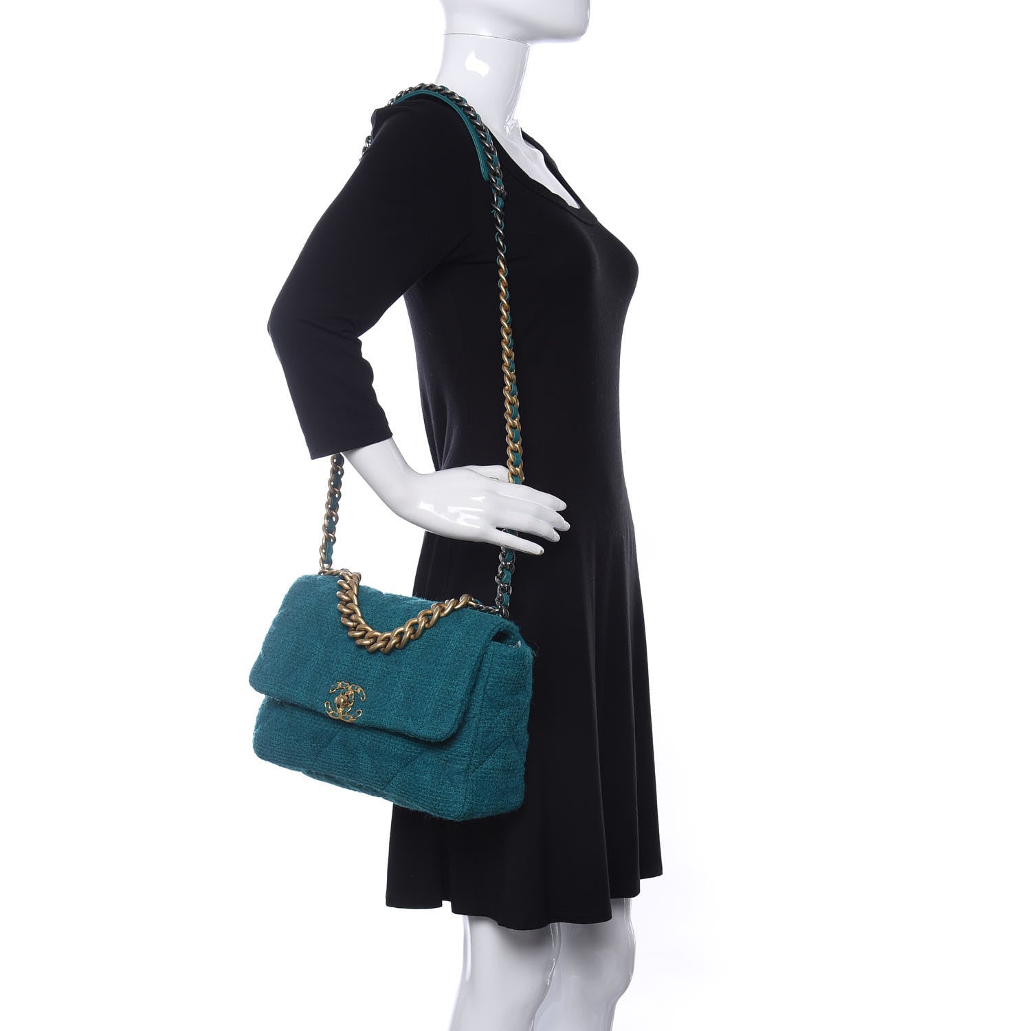 Chanel Tweed Quilted Large Chanel 19 Flap Green 2 of 10