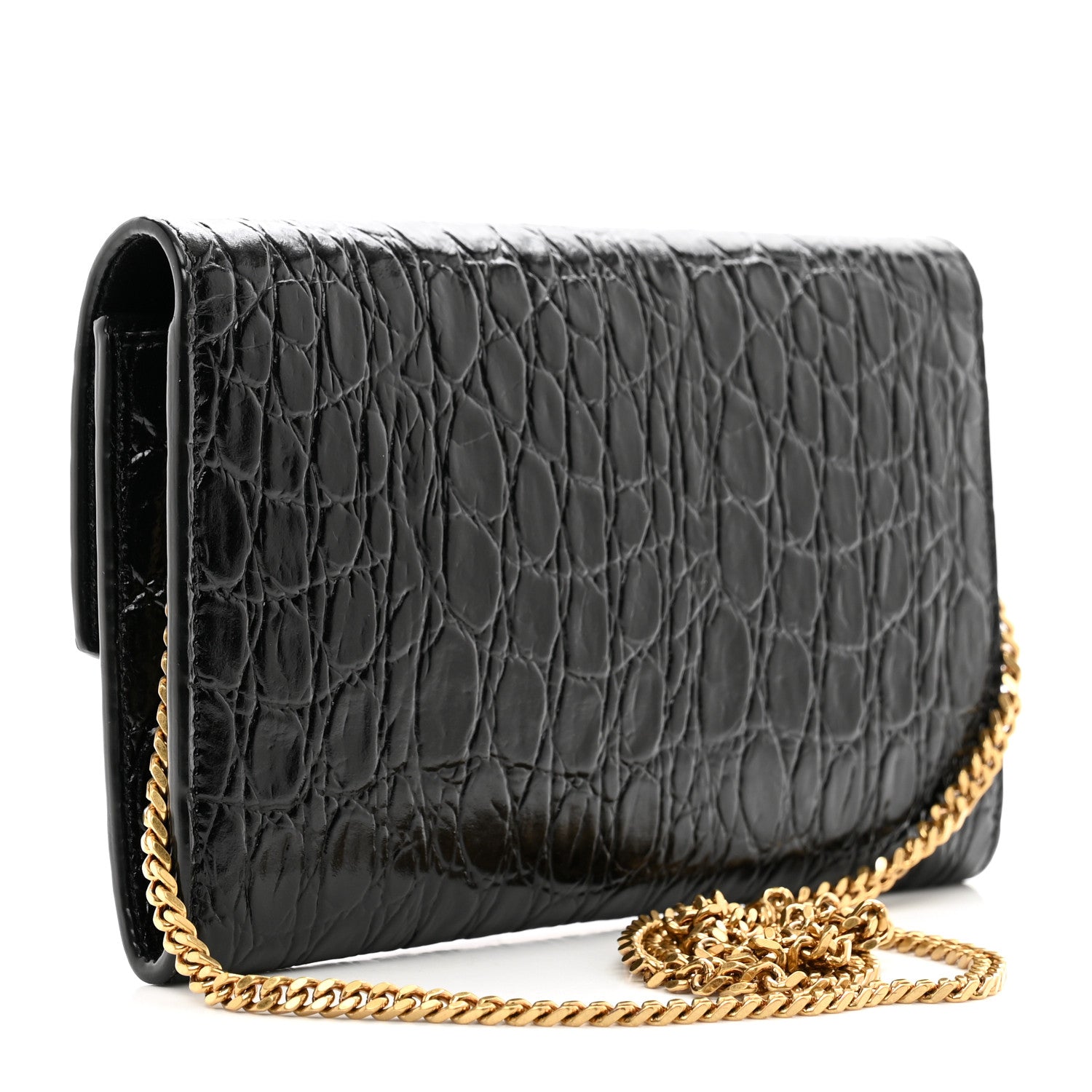 Saint Laurent Calfskin Crocodile Embossed Monogram Uptown Chain Wallet Black 4 of 11