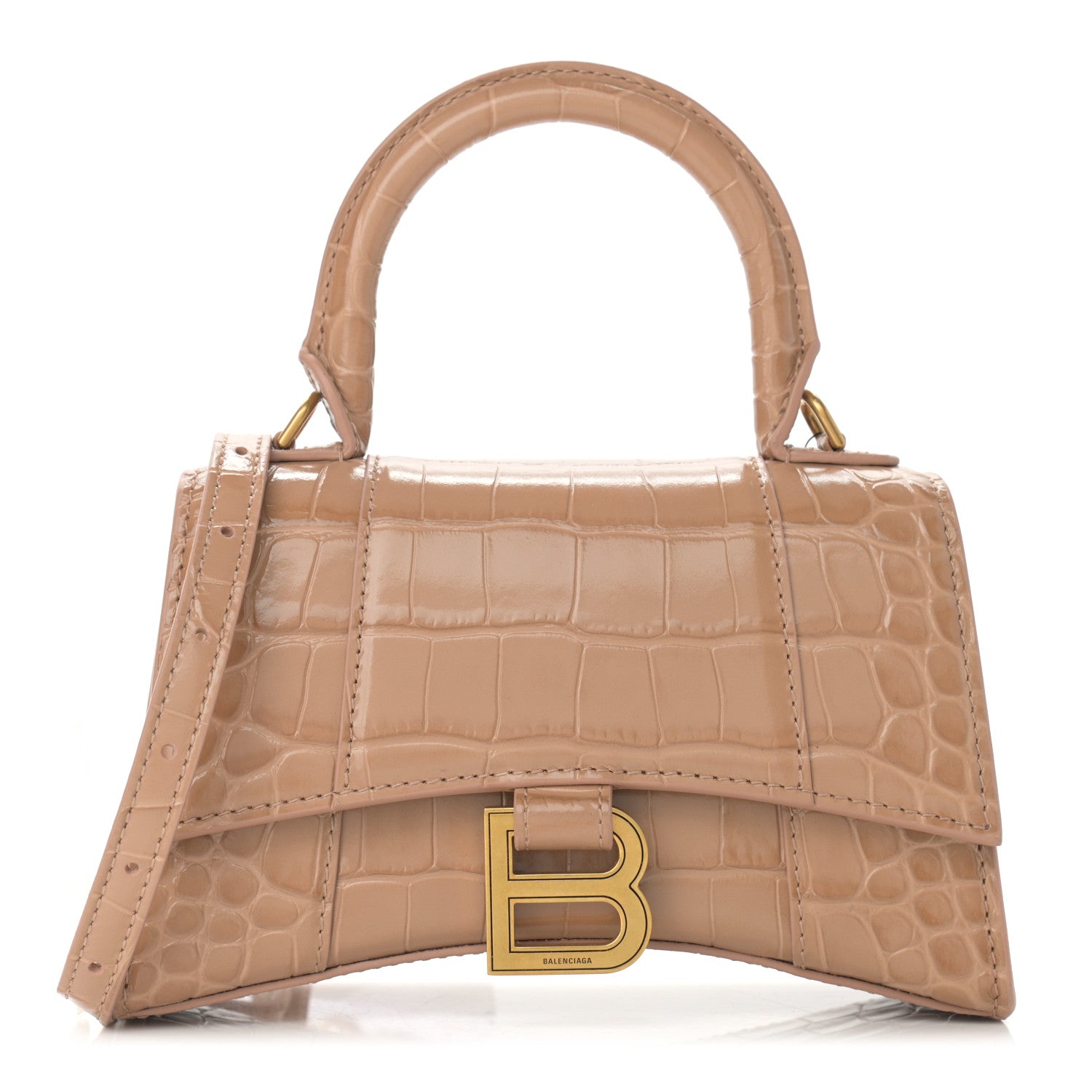 Balenciaga Shiny Calfskin Crocodile Embossed Hourglass Top Handle Bag XS Nude Beige 1 of 11