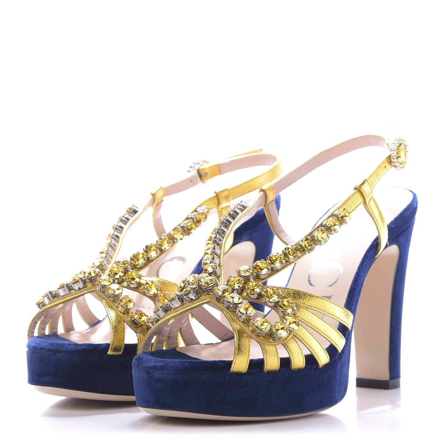 Gucci Velvet Nappa Crystal Zephyra Slingback Platform High Heel Sandals 35.5 Blue Gold 3 of 10
