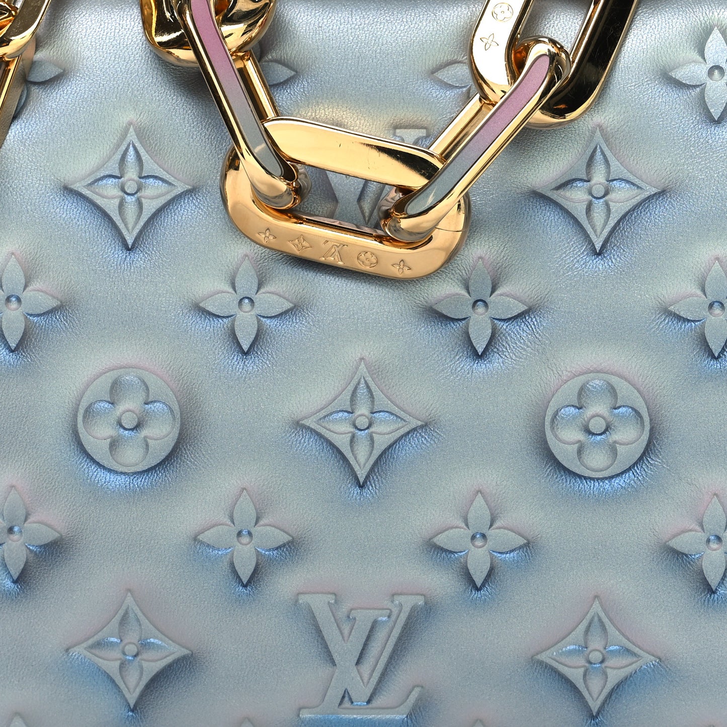 Metallic Lambskin Embossed Monogram Coussin BB Blue