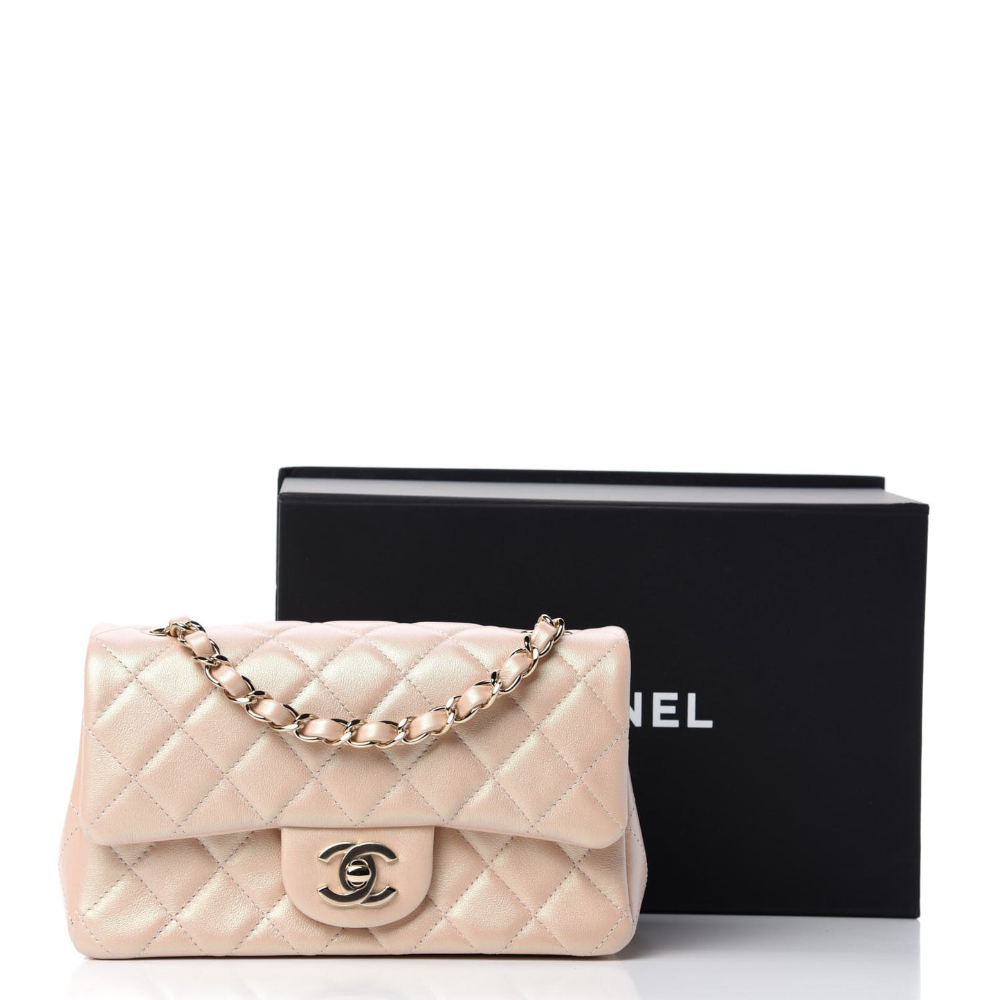 Iridescent Calfskin Quilted Mini Rectangular Flap Beige
