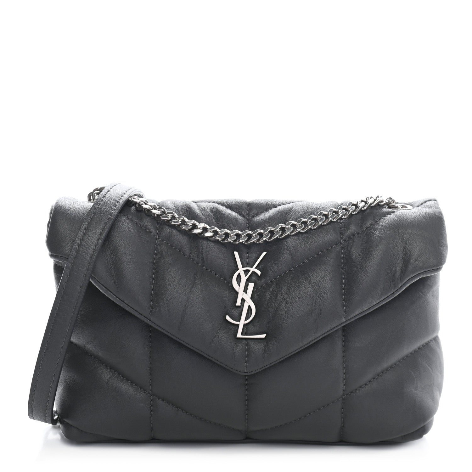 Saint Laurent Lambskin Quilted Toy Loulou Puffer Monogram Chain Satchel Storm 1 of 9