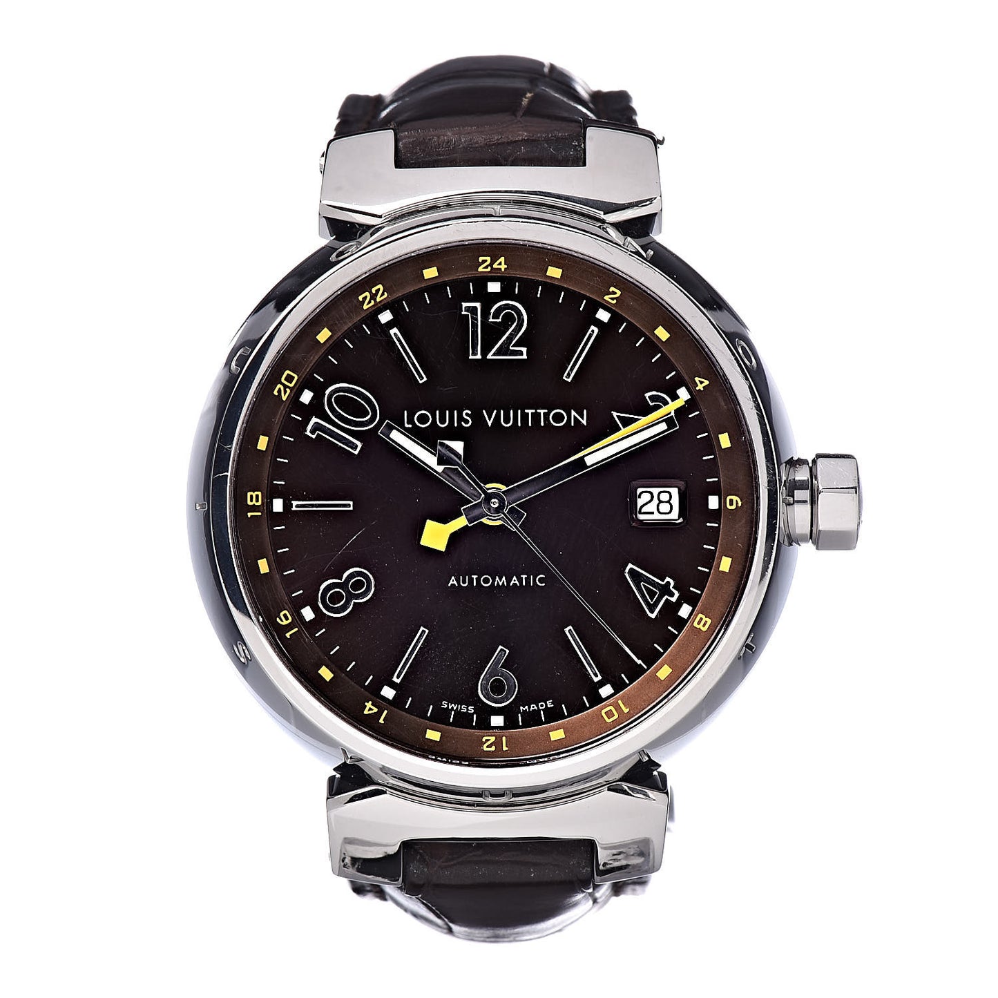 Stainless Steel Alligator 39mm Tambour GMT Automatic Watch Brown