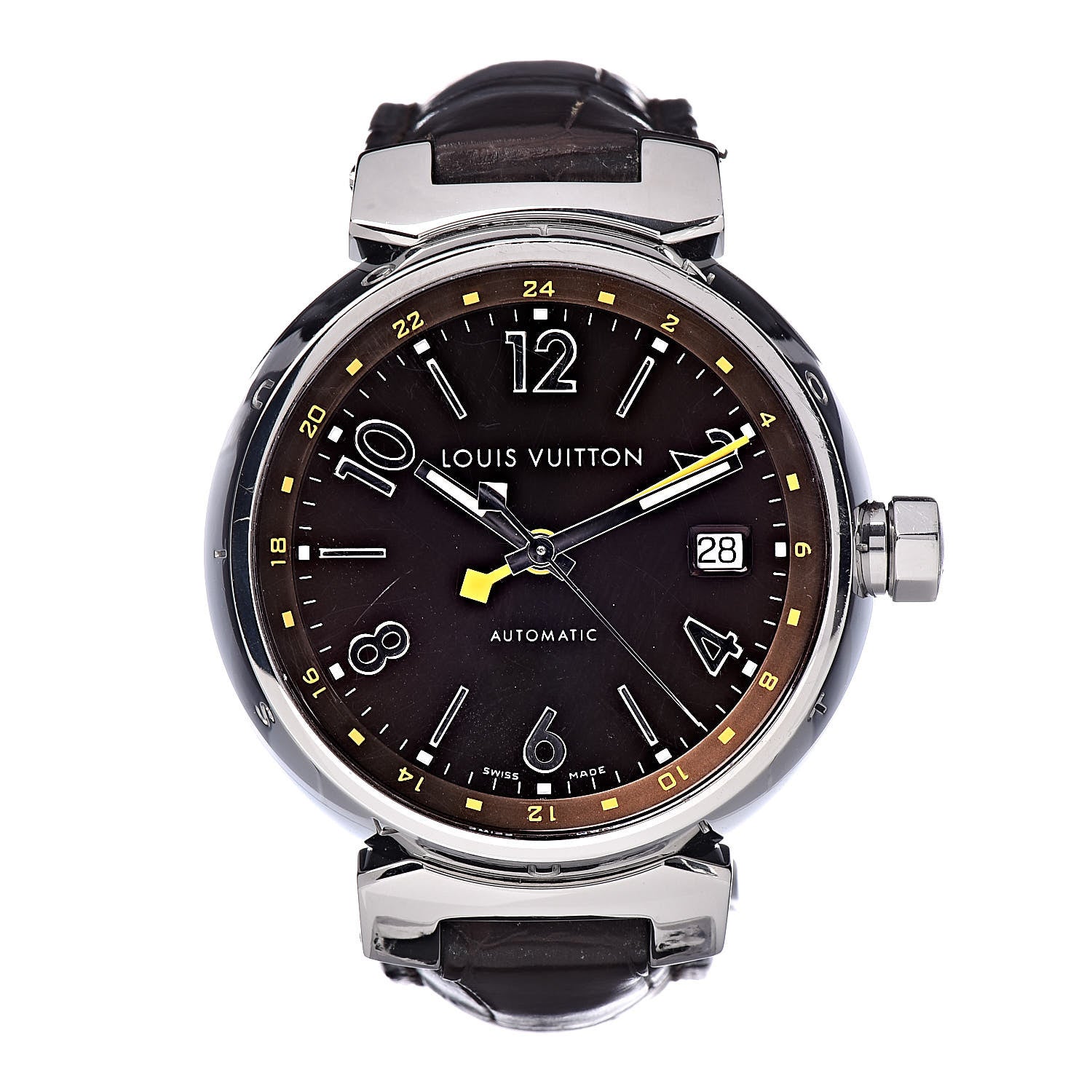 Louis Vuitton Stainless Steel Alligator 39mm Tambour GMT Automatic Watch Brown 1 of 9