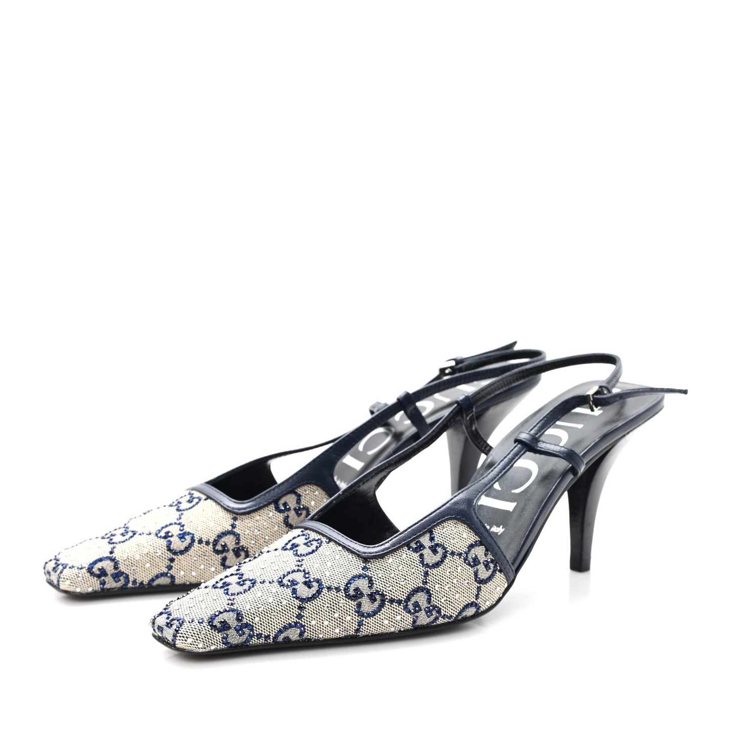 GG Monogram Malaga Kid Crystal Square G 75mm Slingback Pumps 38.5 Beige Blue