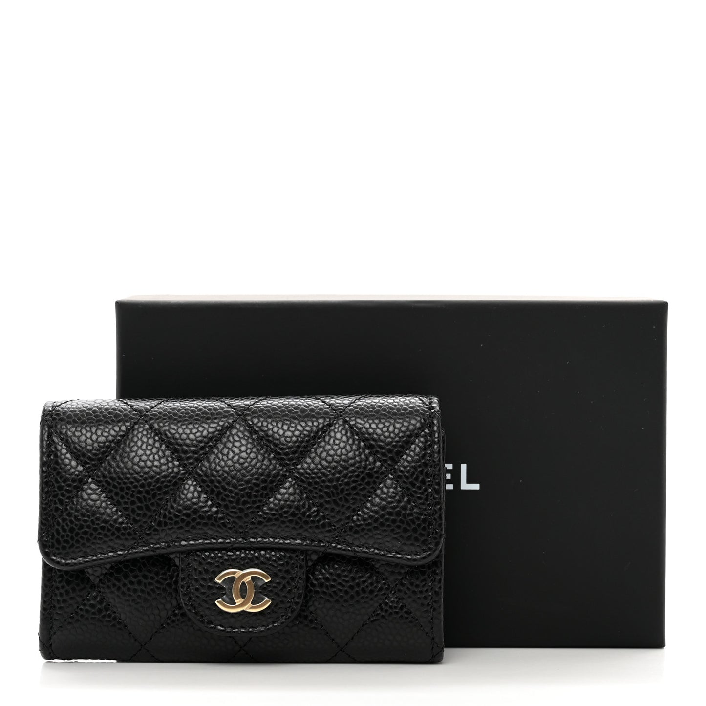 Caviar Quilted Flap Card Holder Wallet Black