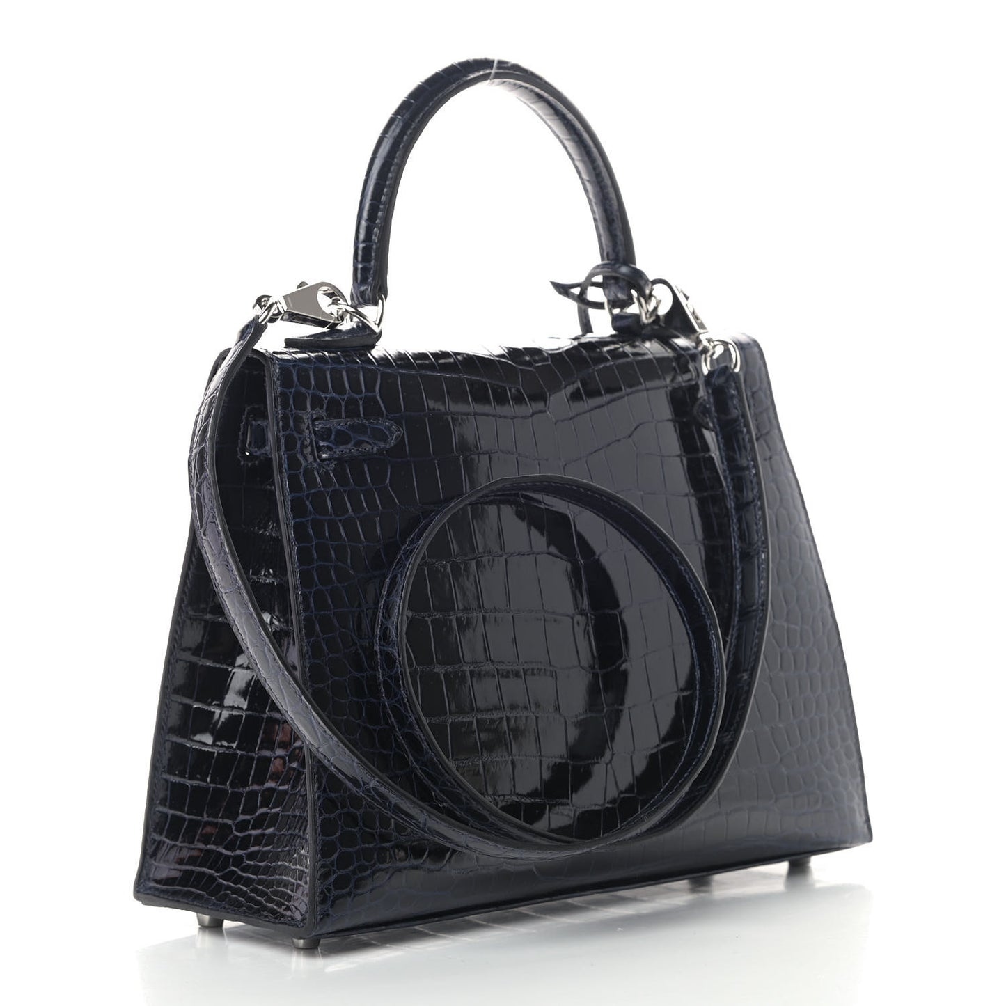 Shiny Porosus Crocodile Kelly Sellier 25 Bleu Marine