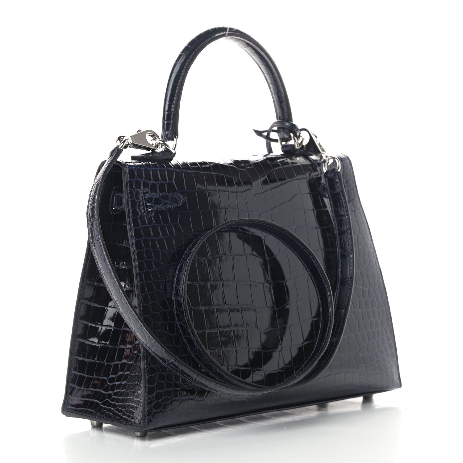 Hermes Shiny Porosus Crocodile Kelly Sellier 25 Bleu Marine 2 of 10