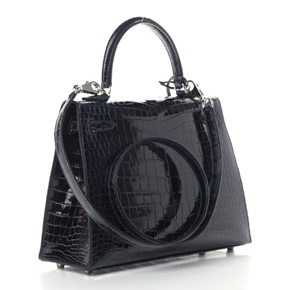 Hermes Shiny Porosus Crocodile Kelly Sellier 25 Bleu Marine 2 of 10