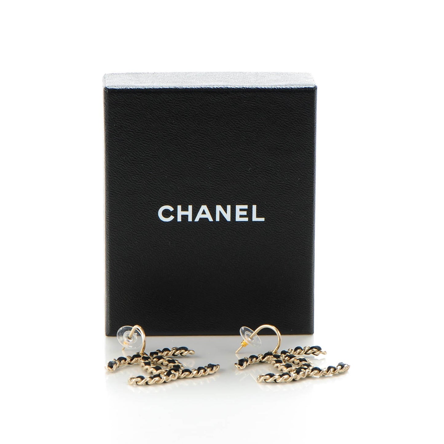 Satin CC Chain Earrings Light Gold Black