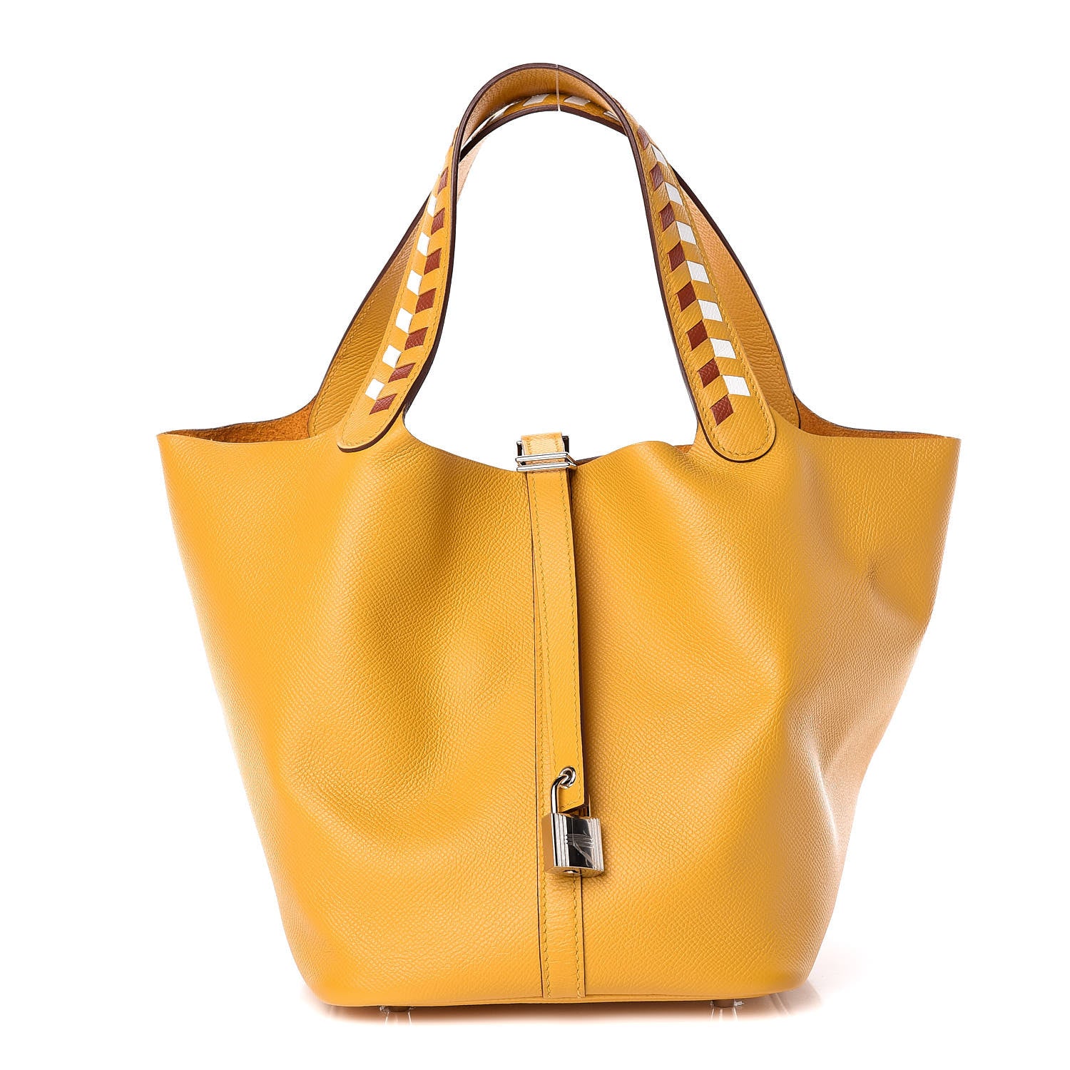 Hermes Epsom Tressage De Cuir Picotin Lock 22 MM Jaune Ambre Brique White 1 of 10