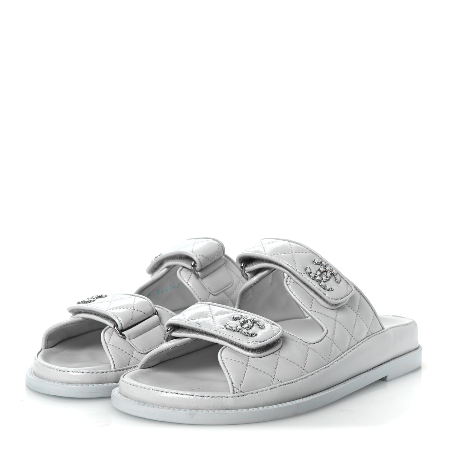 Laminated Lambskin Quilted Velcro Dad Chain CC Slide Sandals 37.5 Light Blue