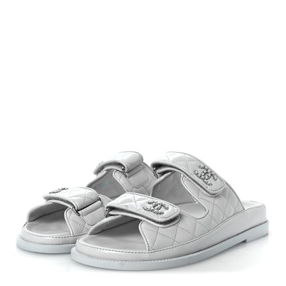 Chanel Laminated Lambskin Quilted Velcro Dad Chain CC Slide Sandals 37.5 Light Blue 4 of 10