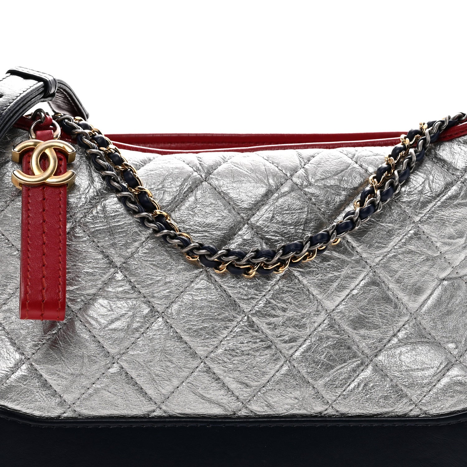 Chanel Metallic Aged Calfskin Quilted Medium Gabrielle Hobo Silver Navy Red 8 of 11