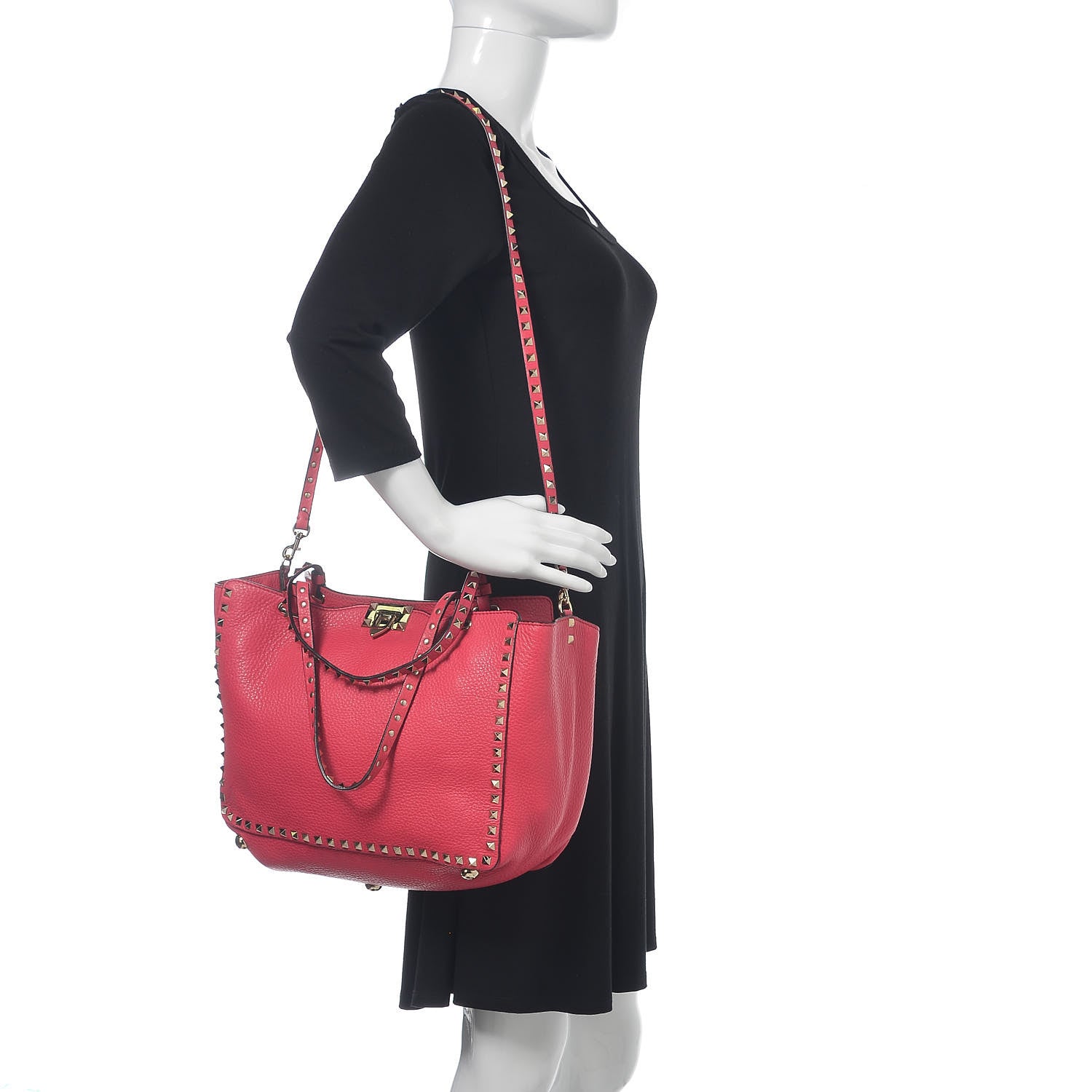 Valentino Garavani Pebbled Calfskin Medium Rockstud Tote Deep Fuxia 2 of 10
