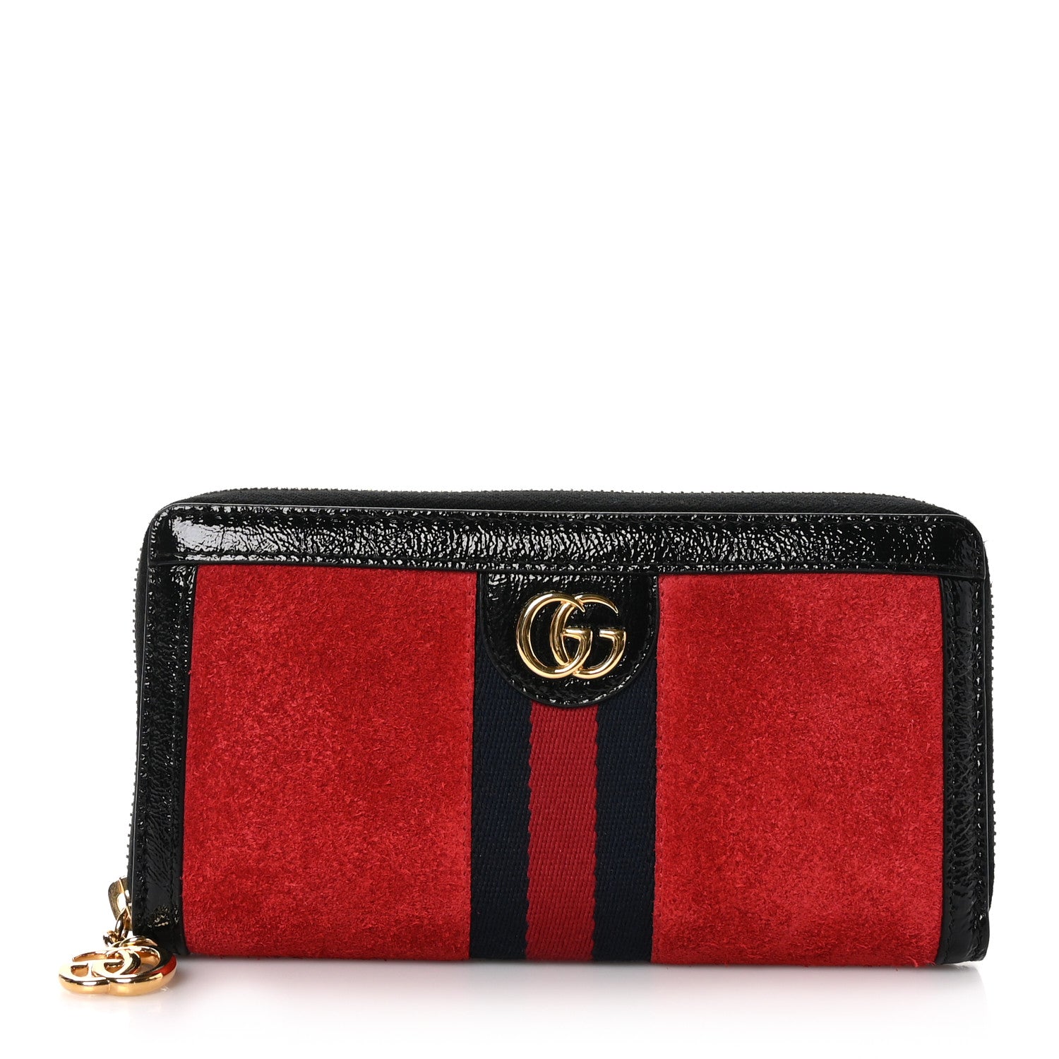 Gucci Suede Patent Web Ophidia Zip Around Wallet Hibiscus Red Black 1 of 9