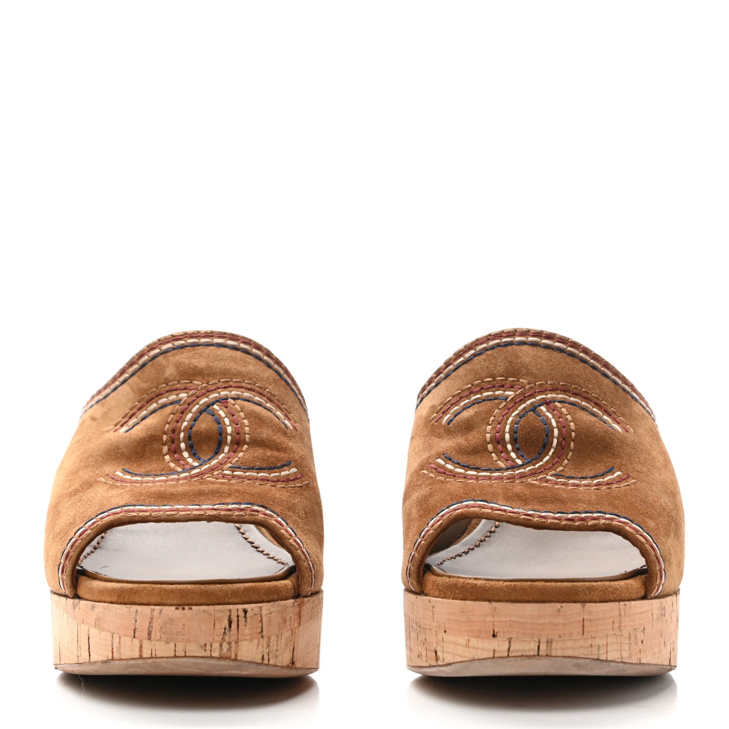Chanel Suede Calfskin Cork CC Wedge Sandal 39.5 Brown 2 of 8
