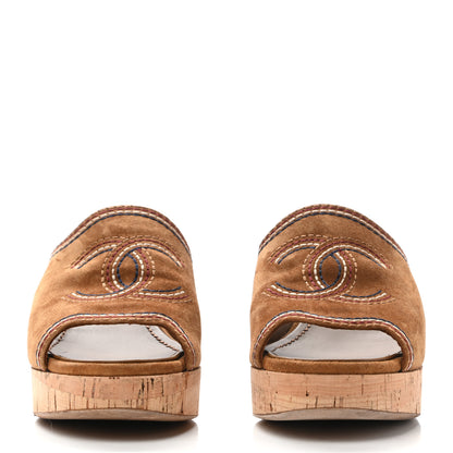 Chanel Suede Calfskin Cork CC Wedge Sandal 39.5 Brown 2 of 8