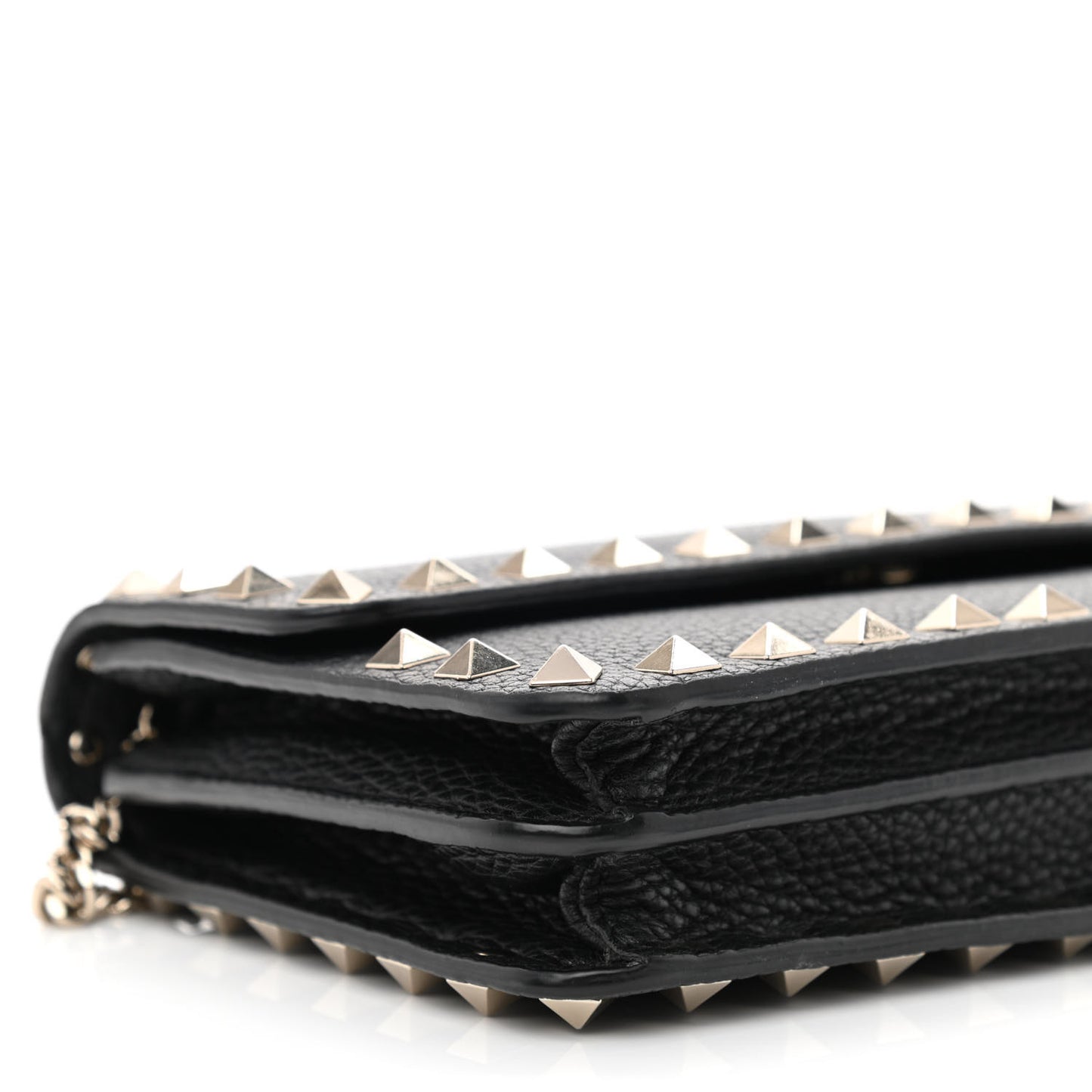 Pebbled Calfskin Rockstud Flap Wallet On Chain Black