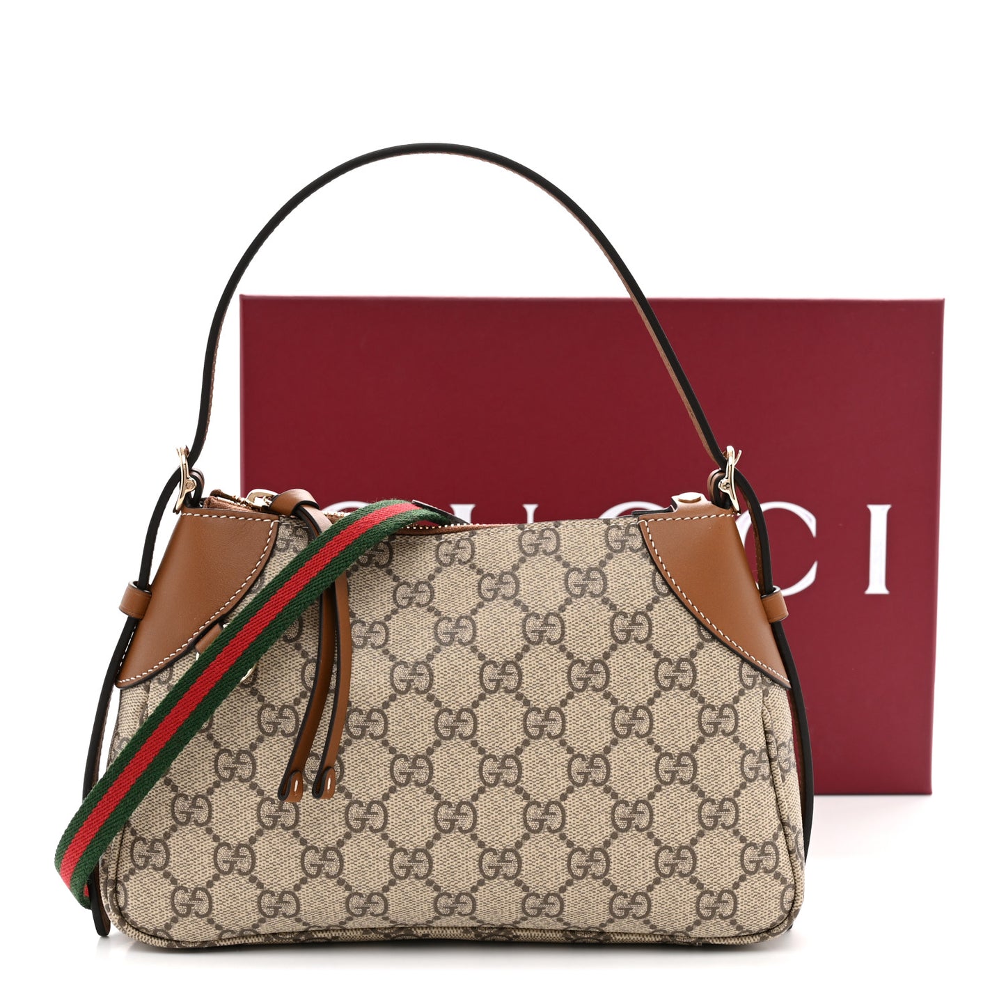 GG Supreme Monogram Textured Calfskin Small Emblem Shoulder Bag Beige Dark Brown