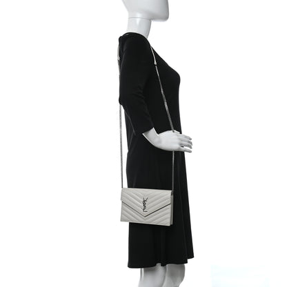 Saint Laurent Grain De Poudre Matelasse Chevron Monogram Envelope Chain Wallet Optical White 3 of 12