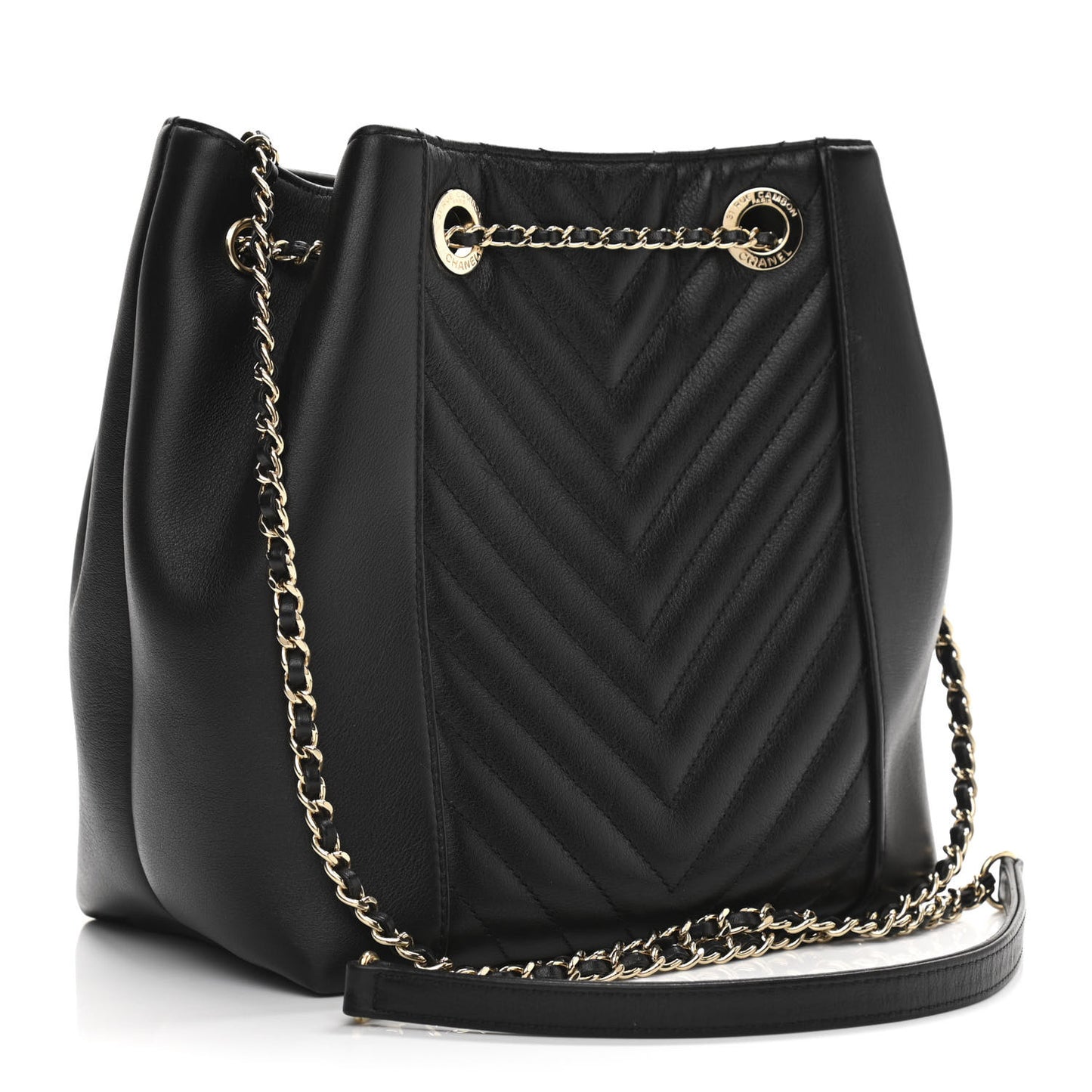 Calfskin Quilted Daily Chevron Drawstring Bag Black