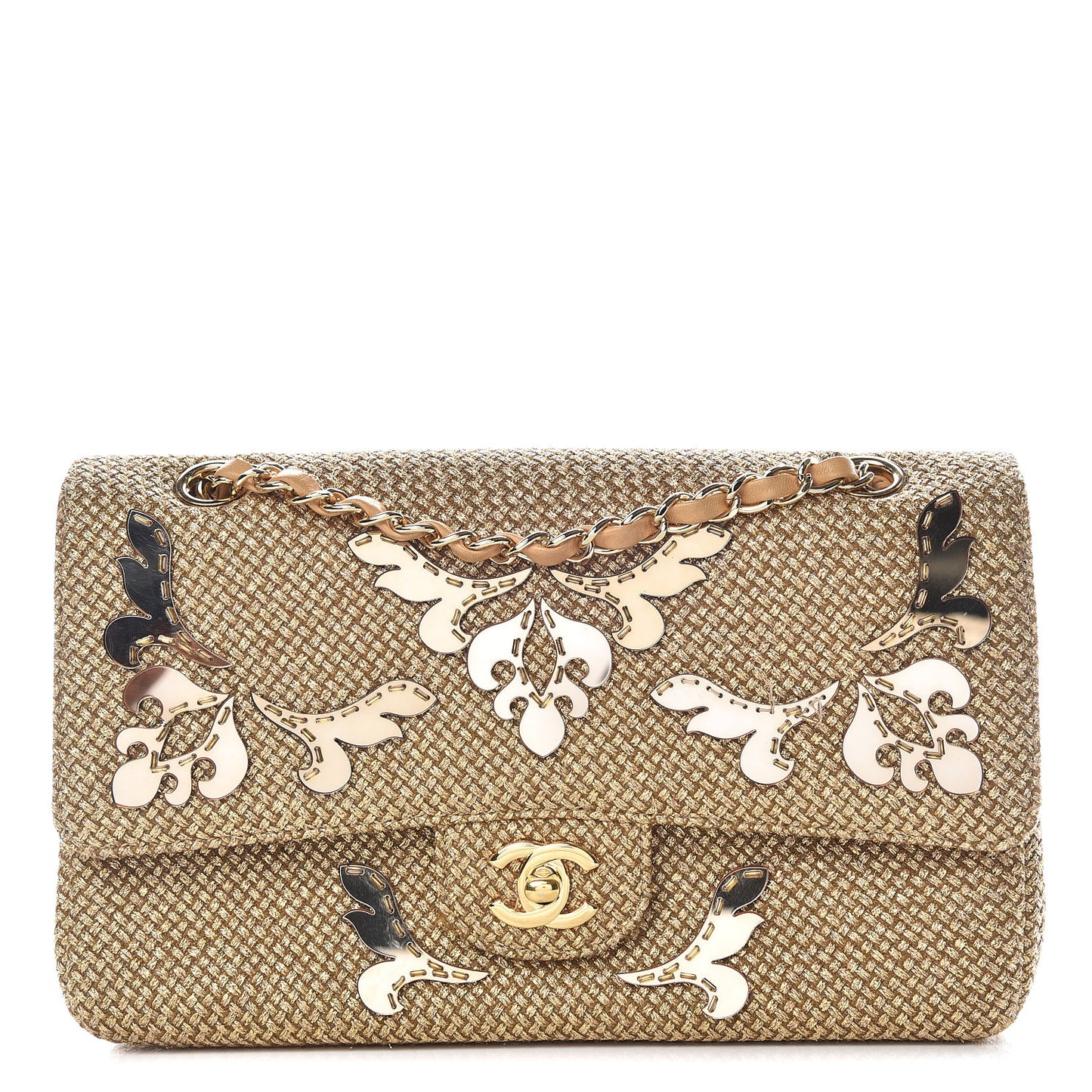 Tweed Mirror Embellished Medium Double Flap Gold