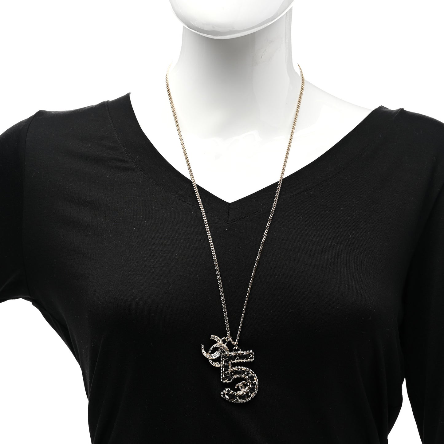 Lambskin Crystal CC Number 5 Pendant Necklace Gold Black