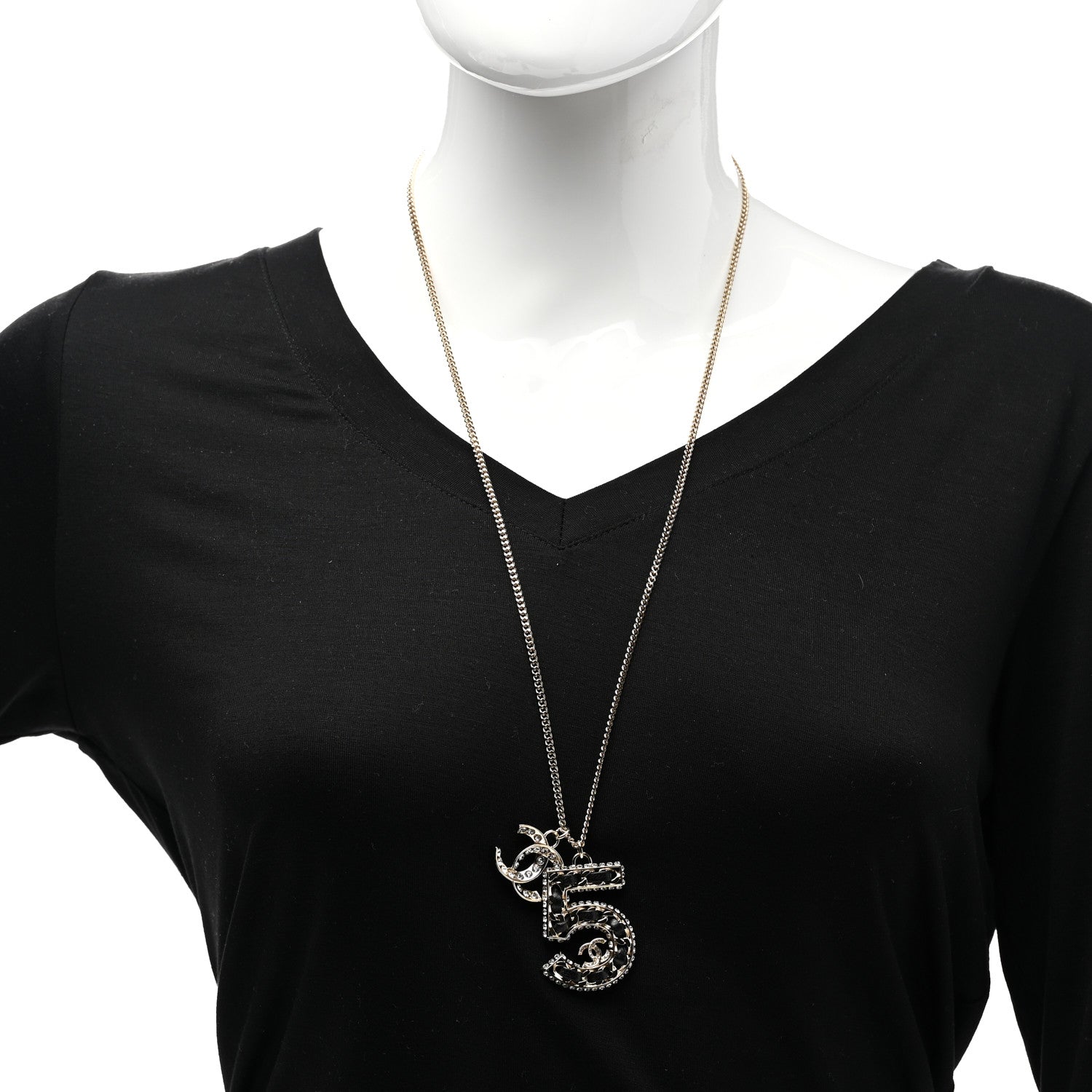 Chanel Lambskin Crystal CC Number 5 Pendant Necklace Gold Black 2 of 5