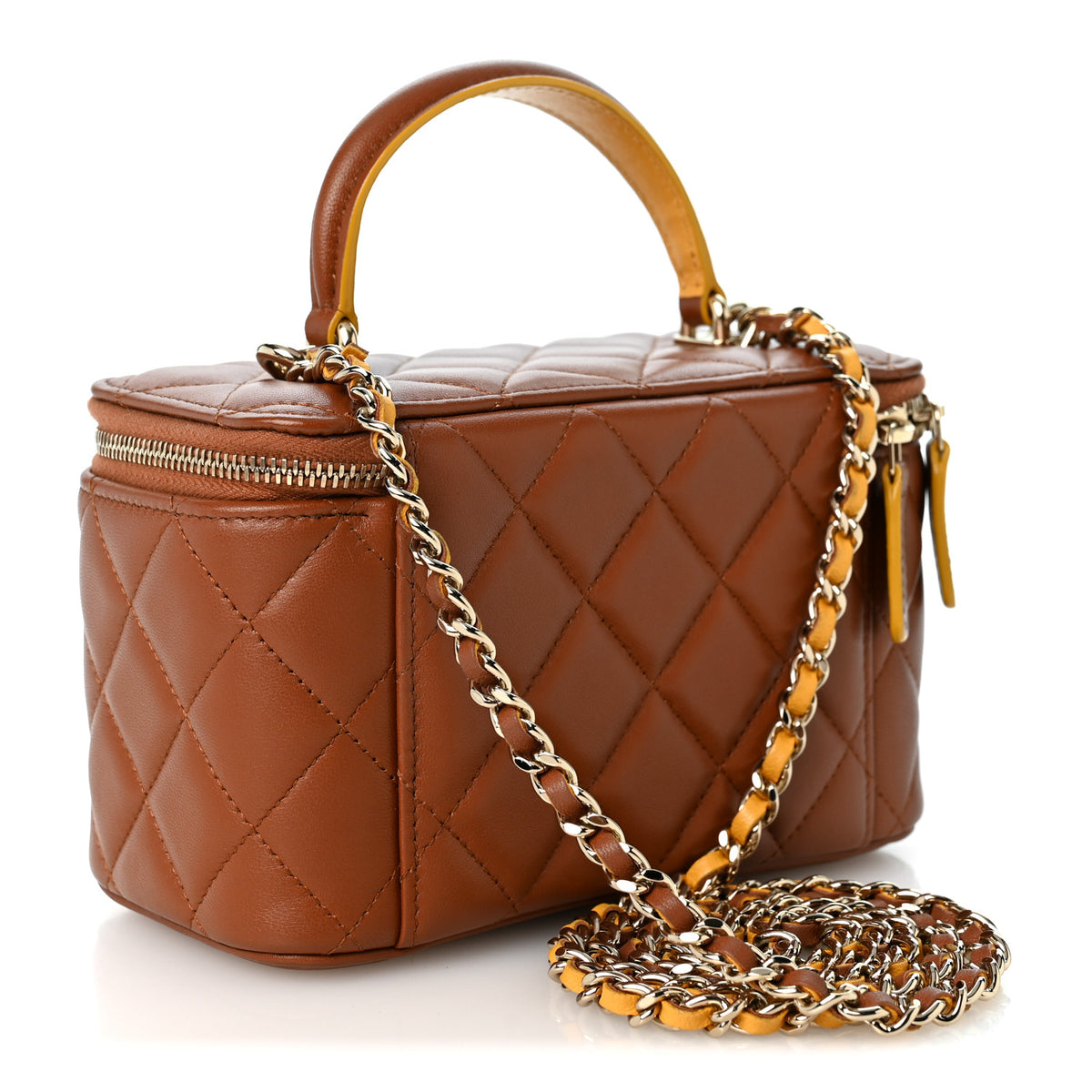 Chanel Lambskin Quilted Small Top Handle Vanity Case With Chain Light Brown Yellow 3 of 10