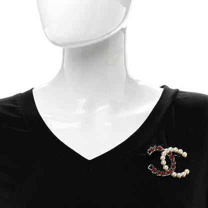 Chanel lambskin Pearl CC Chain Brooch Red Gold 2 of 4