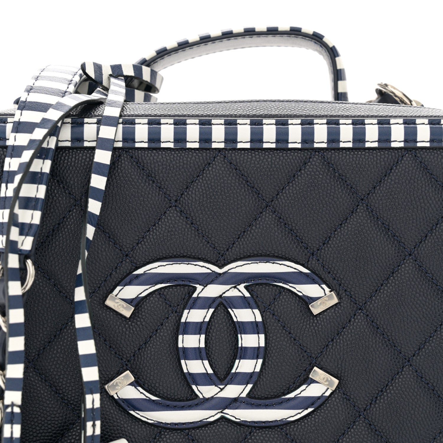 Chanel Caviar Quilted Striped Medium CC Filigree Vanity Case Navy White 8 of 10